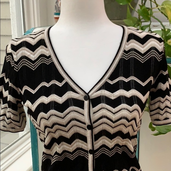 Loft Cardigan, Black and Ivory Patterned Sweater, Short Sleeved Cardigan - Picture 6 of 7